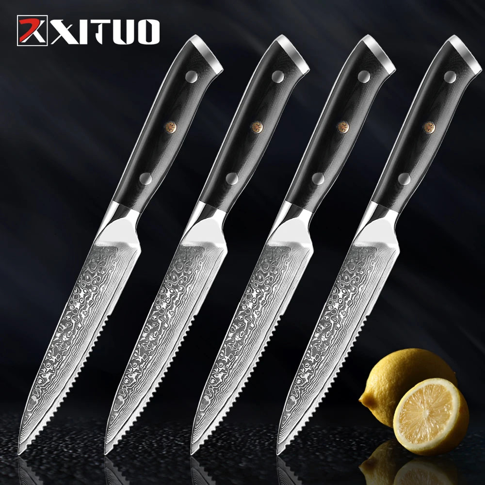 XITUO Damascus steel steak knife G10 handle knife set home dinner knife professional high quality Damascus knife