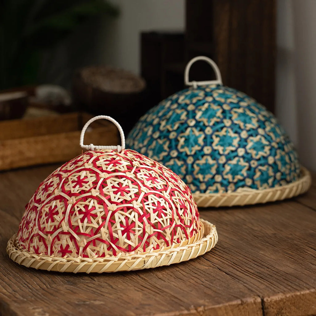 Handwoven Rattan Food Cover with Lid Insect-Proof Circular Table Protector for Fruits Bread Eco-Friendly Kitchen Storage Dome