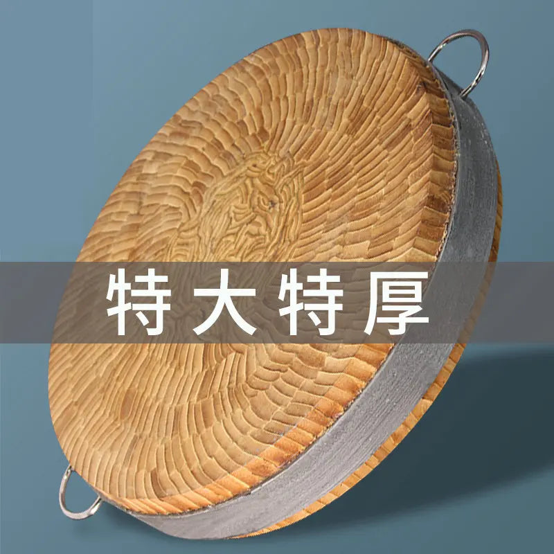 4-12CM Thick Heather Bamboo Solid Wood Double Face 34-50CM Round Chopping Cutting Board Block for Restaurant with Lifting Handle